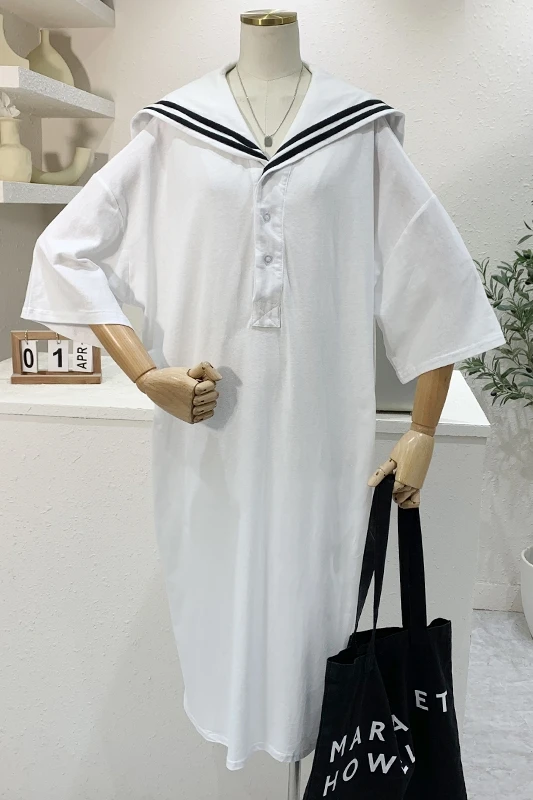 

Preppy Style Solid Cotton Plus Size Dress for Women 2021 Summer Korean Sailor Collar Split Dress Student Loose Casual Midi Dress