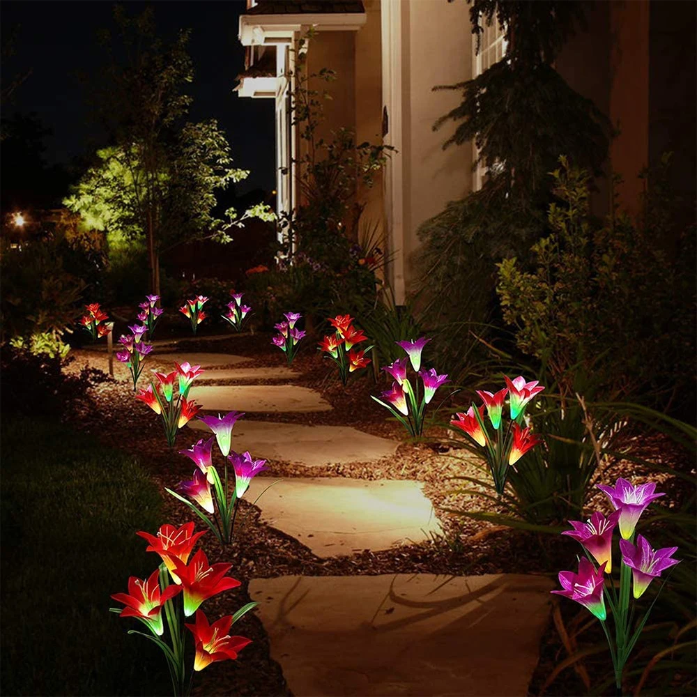 

Outdoor Solar Powered LED Light 4 Head Fake Lily Flower Lamp Waterproof Colorful Night Light for Garden Yard Lawn Path Decor