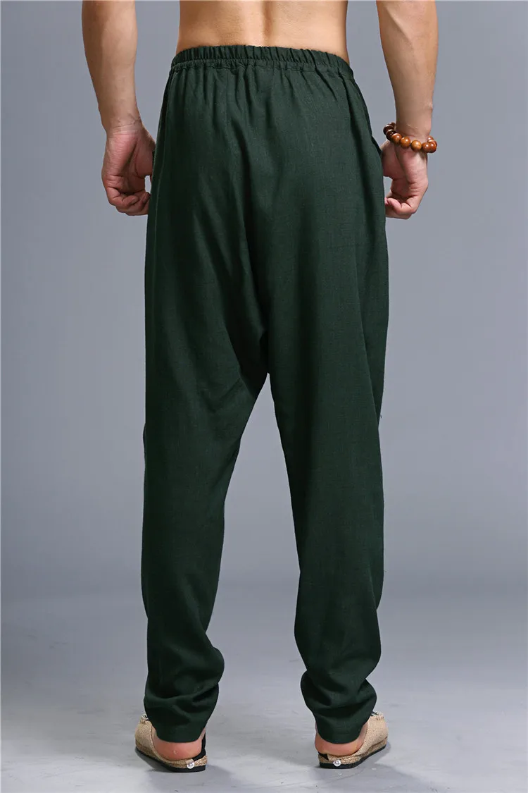

Men's Linen Haren Pants Comfortable Casual Cotton Linen Trousers Men Natural Flax Pants Elastic Waist Army Green Drop Crotch