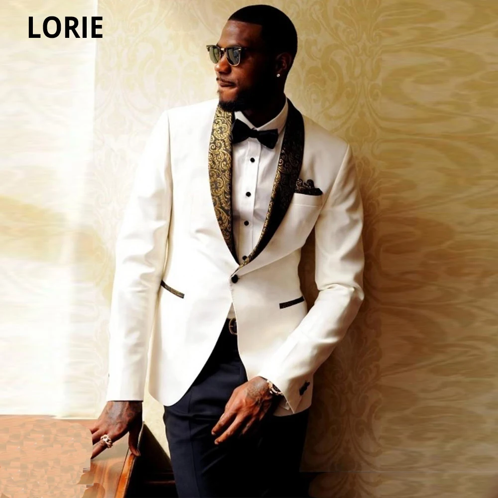 Мужской свадебный костюм LORIE белый облегающий из 2 предметов с золотым узором и