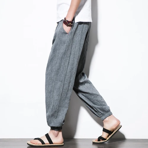 dark gray Модные мужские хлопковые льняные шаровары, Модные Простые повседневные свободные штаны, китайские традиционные Харадзюку - Цвет: dark gray