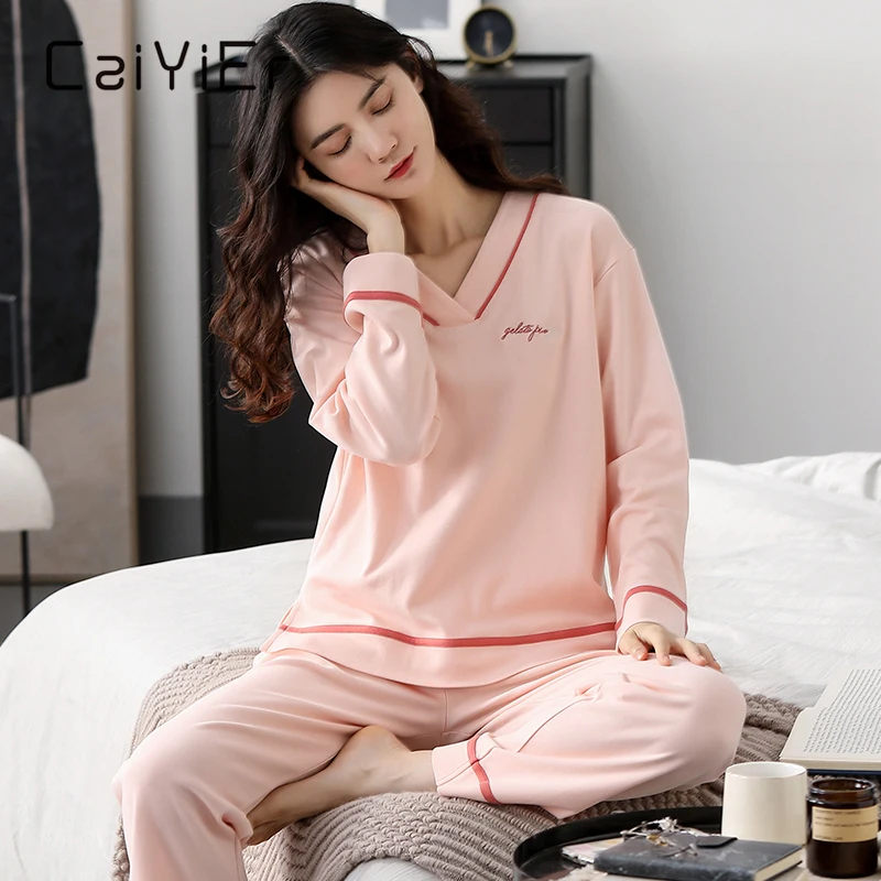 CAIYIER New Solid Cotton Pajamas Set Winter Women Sleepwear Embroidery Letter V-Neck Casual Nightgown Underwear Large Size M-3XL
