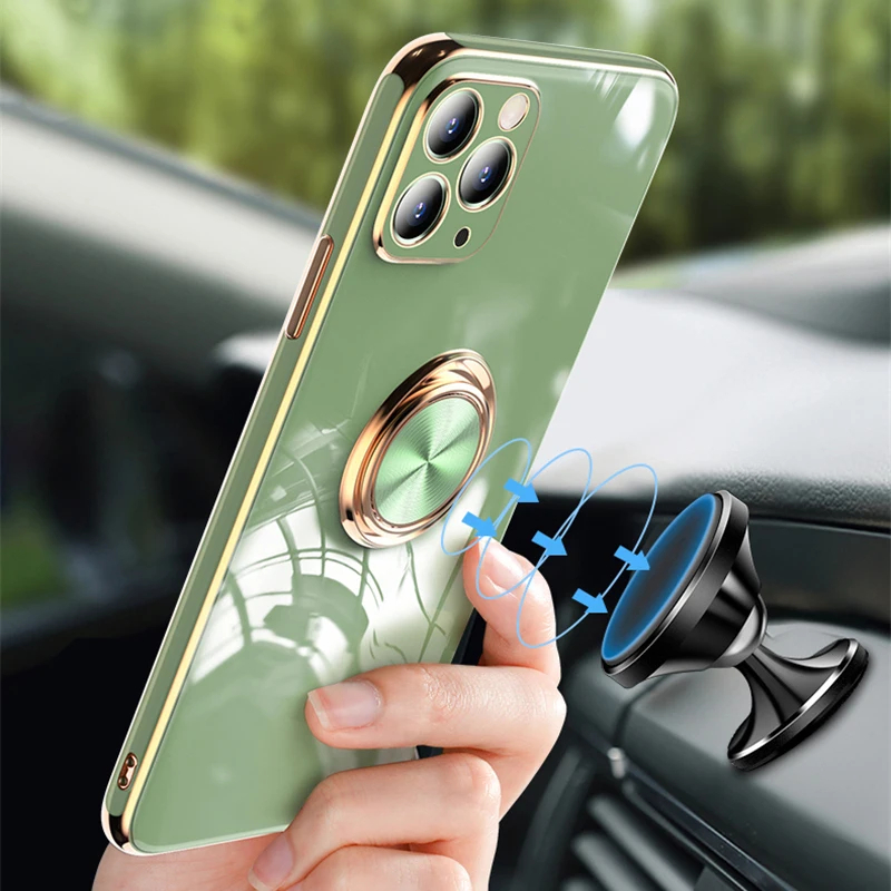 

Luxury Ring Case For iPhone 11 12 11 Pro Max XS XR X S 7 8 Plus SE Mini Plating Silicone TPU Soft Cover With Ring Holder Stand