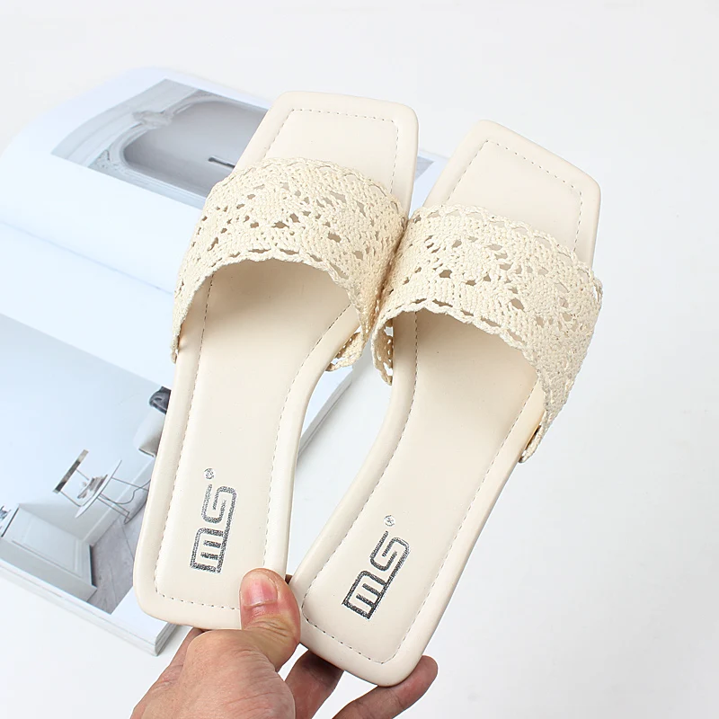 

2021 summer women's slippers 1cm lace hollow open toe flats shoes comfortable new fashion large size high heels casual 35-41