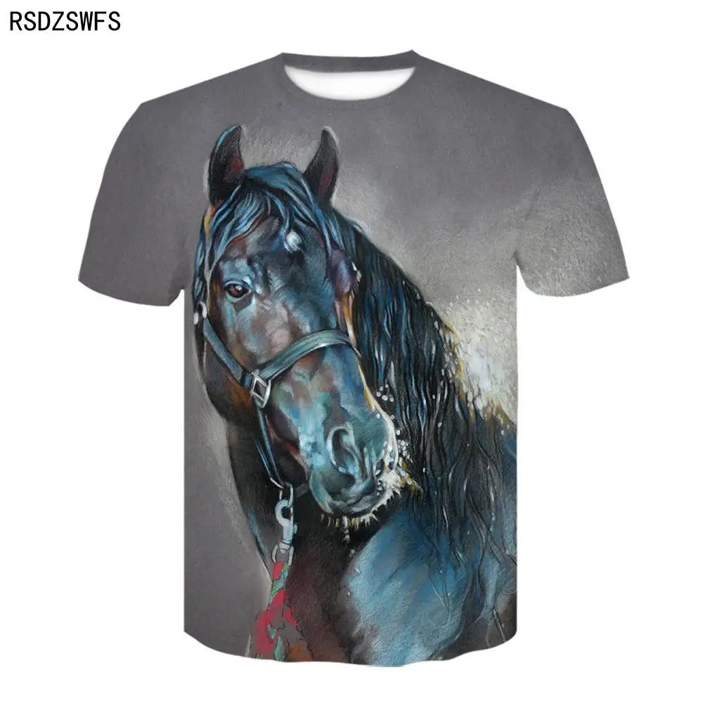 Летняя новая футболка с круглым вырезом лошадью модная 3D-принтом одежда