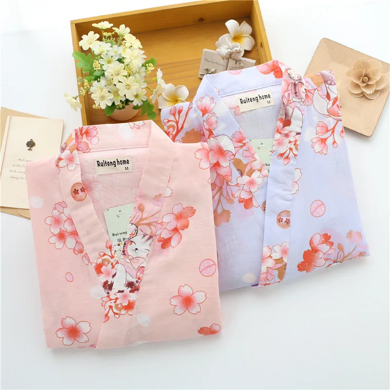 Японские кимоно с милыми цветами чистый хлопок Женский пижамный комплект Mujer