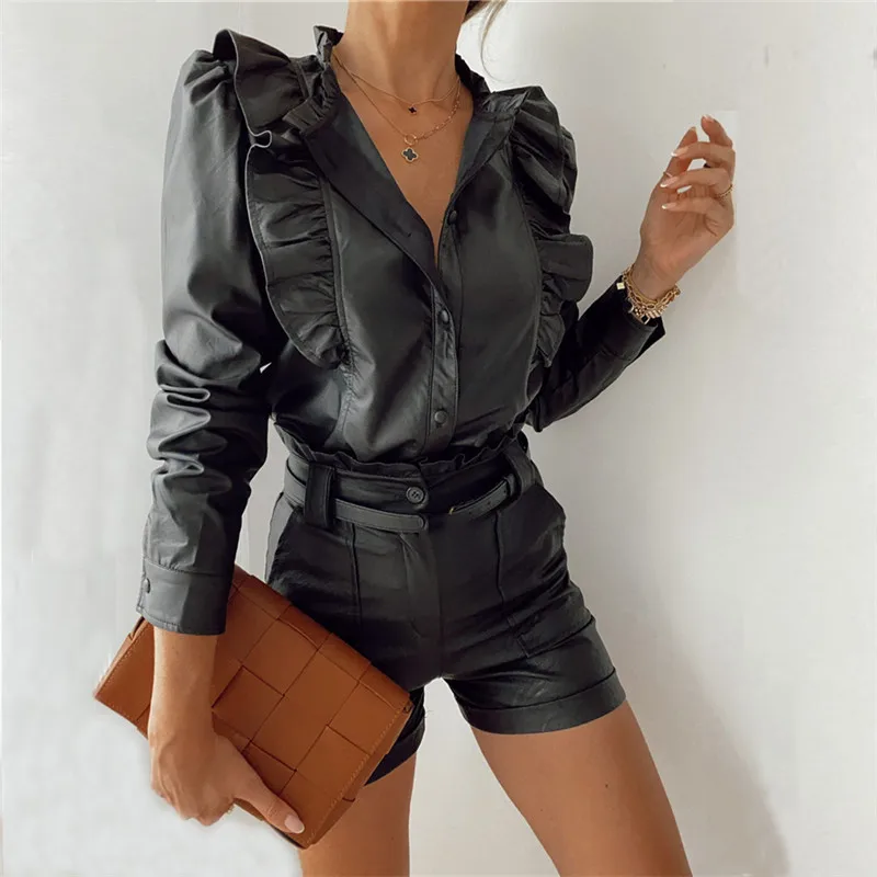 Женская блузка из искусственной кожи рубашки с длинным рукавом и оборками