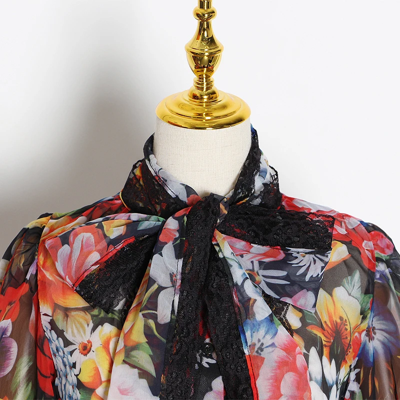 

SISPELL Print Hit Color Women's Shirt Blouse Lace Up Bowknot Stand Collar Patchwork Ruffle Sleeve For Female Vintage Shirts 2021