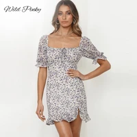 wildpinky 2022 summer boho printed mini dress women squared collar holiday beach dresses short sleeve ruffled dress vestidos