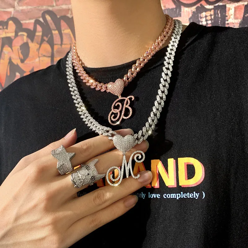 GrandBling Cursive Letters With Heart Tennis Chain Iced Out Name Necklace Choker  Hip Hop Jewelry  Drop Shipping