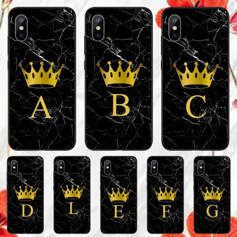 

Custom name Letter Black Marble Gold crown Phone Case for iPhone 11 12 13 pro XS MAX 8 7 6 6S Plus X 5S SE 2020 XR mini
