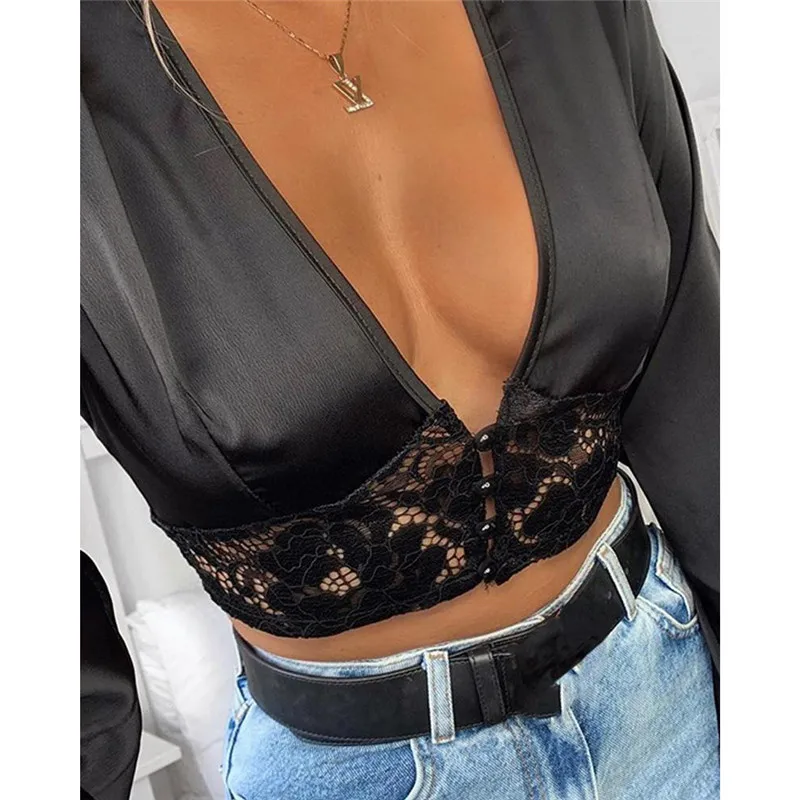 Блузка женская кружевная с длинным рукавом и V-образным вырезом |