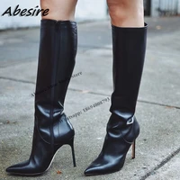 abesire long boots solid side zipper thin high heel leather black pointed toe knee high new autumn winter big size women shoes