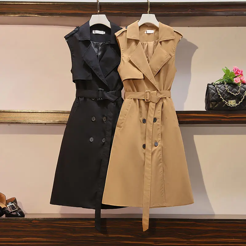 

Woman Autumn Sleeveless Vest Trench Female Casual Long Overcoat Ladies Double Breasted Fashion Coat Trench A48