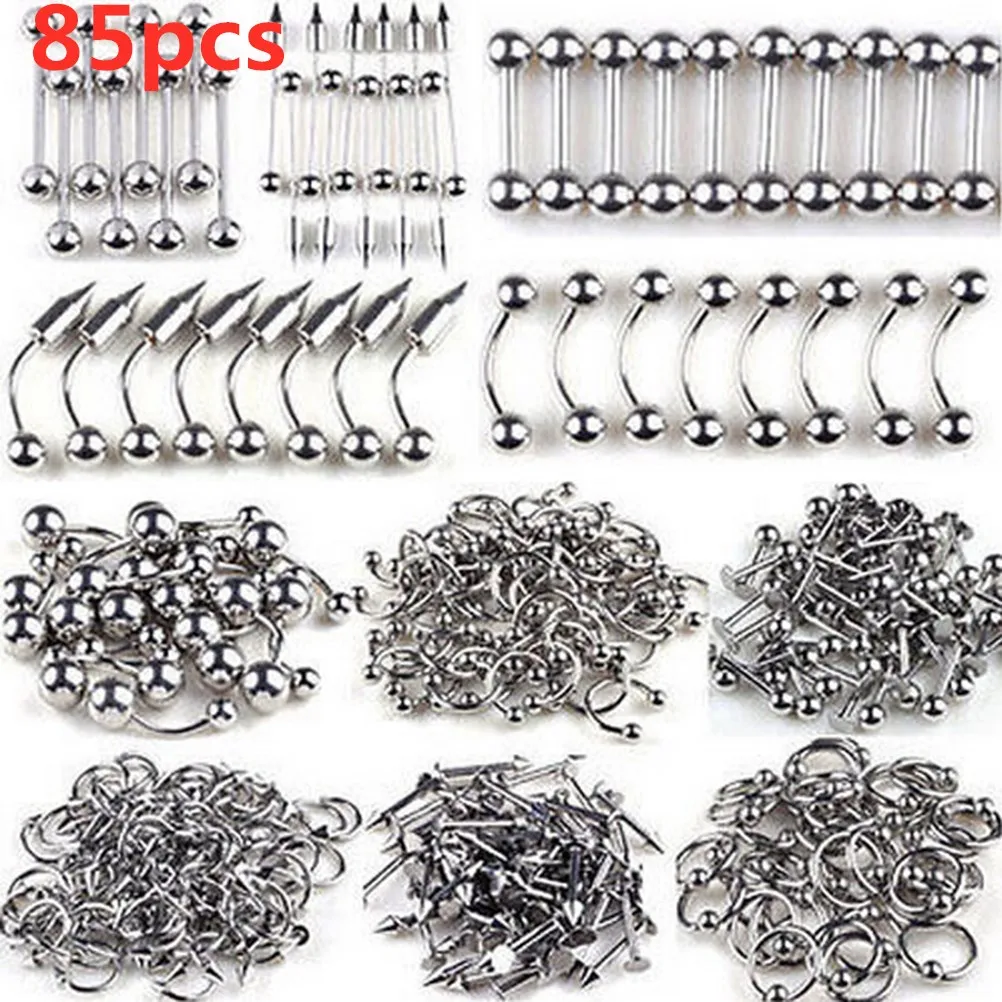 

85pcs Chic Tongue Eyebrow Lip Ring Belly Navel Rings 17 Styles Stainless Steel Piercing Body Jewelry Wholesale Lots Drop Ship