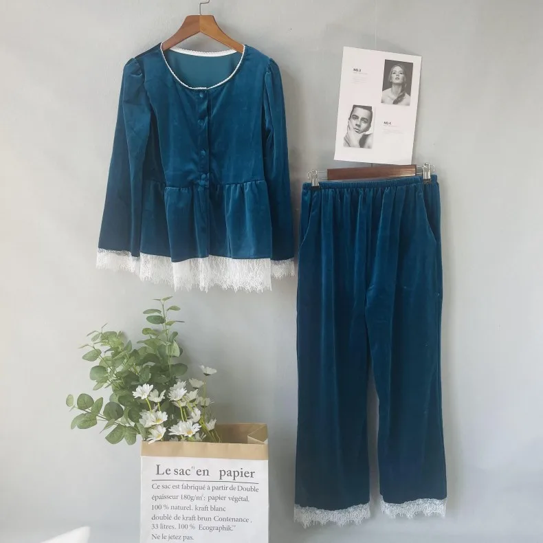 

Women O-neck Shirt&Pants Autumn Velvet Pajamas Set Sexy Lace Sleep Set Velour Pijamas Suit Casual 2PCS Sleepwear Home Clothes