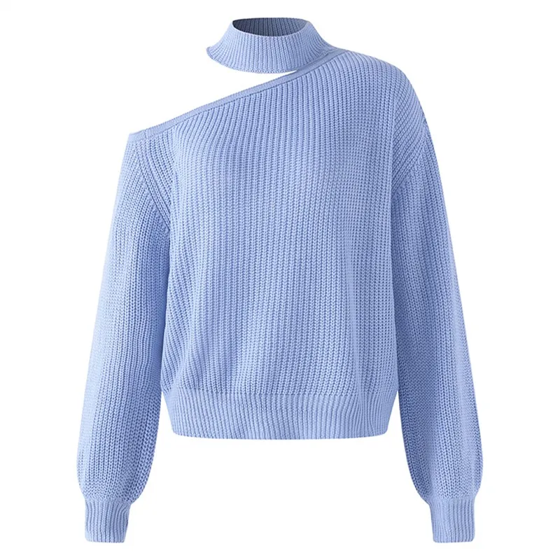 Женский свитер на одно плечо Однотонный женский джемпер бретельках Осень-зима 2020