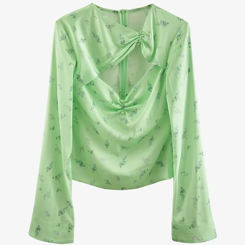 

LANMREM 2021 Spring New Blouse Thin Hollow Out Blouses Green Long Sleeve Women's All Match Fashion Top 2A623