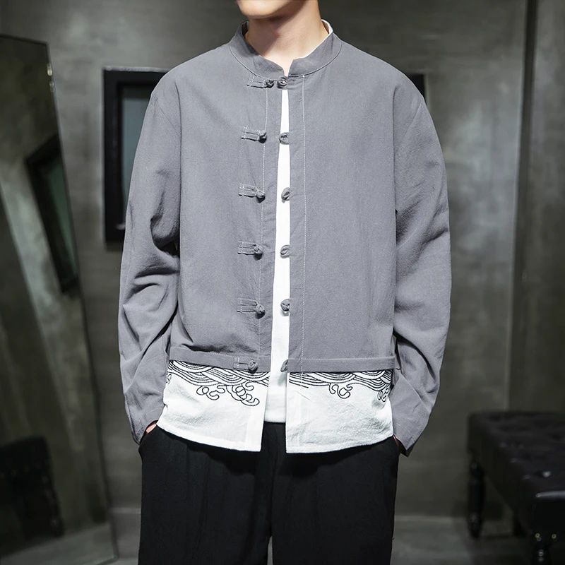 

2021 Linen Shirts Men Clothing Chinese Style Long Sleeve Retro Buttoned Shirt Solid Color Stand-up Collar Loose Plus Size Tops