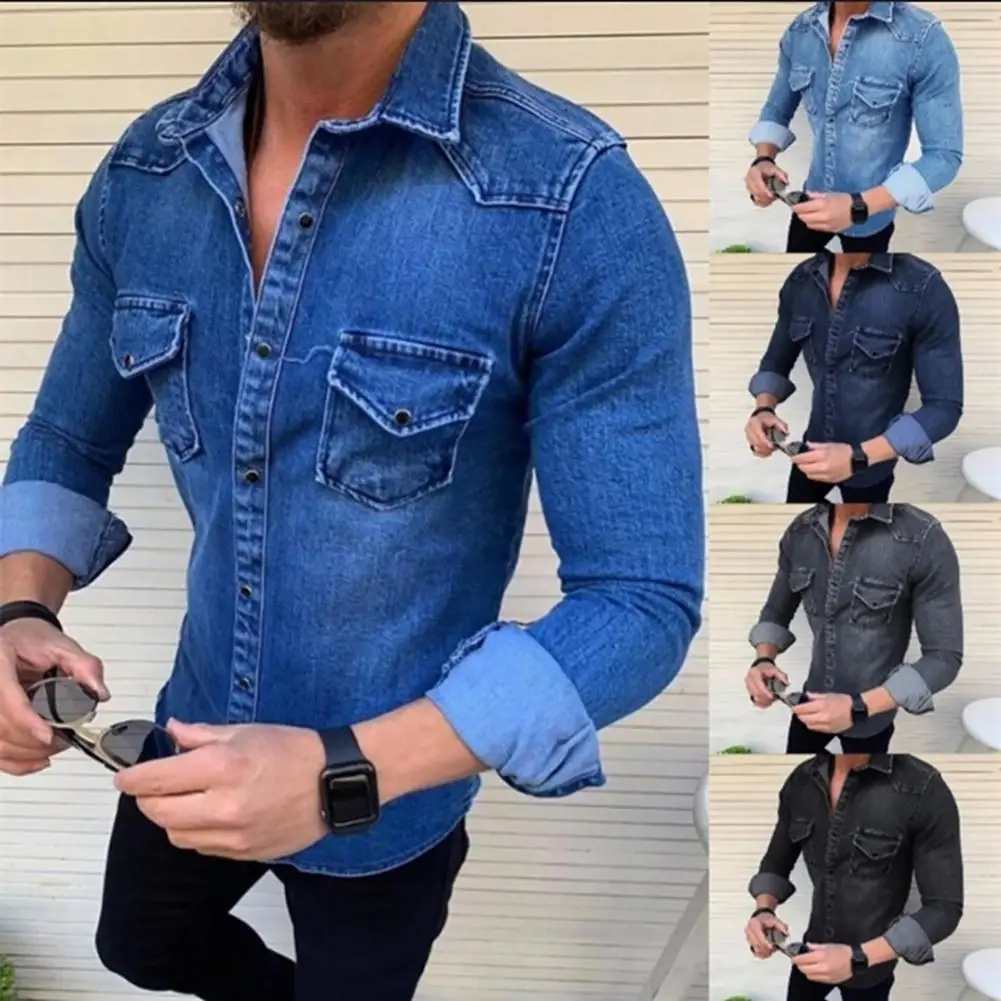 

Рубашка мужская джинсовая с длинными рукавами, мягкая хлопковая эластичная облегающая сорочка из денима с двумя карманами, весна-осень