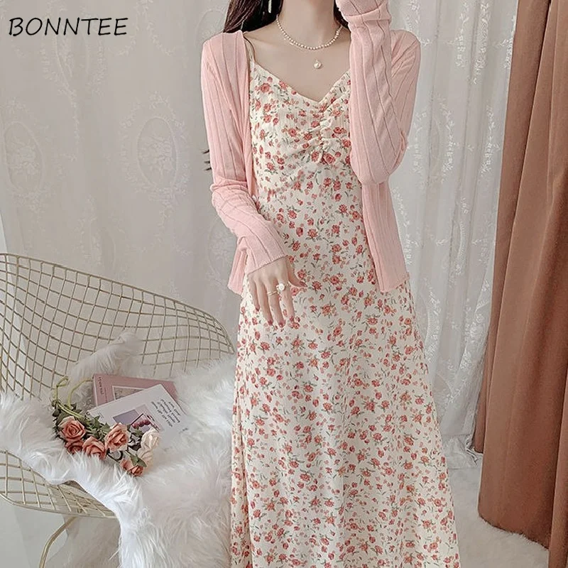 

Dress Women Summer Floral Spaghetti Strap Sundress Sexy V-neck Slim Temperament Tender Fairy All-match Vintage A-line Korean Ins