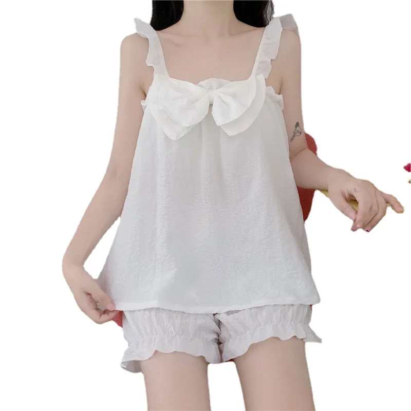 2021 Summer New Bow Sweet Lovely Women's Sling Pajamas Sets Ruffle Knickerbockers Home Suit Lady Sleepwear Female Nightwear
