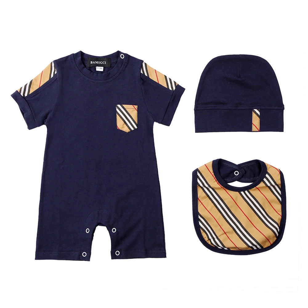 

New summer fashion 3 pcs newborn baby clothes Plaid stripes cotton Long sleeve new born baby boys girls rompers Bibs hats sets