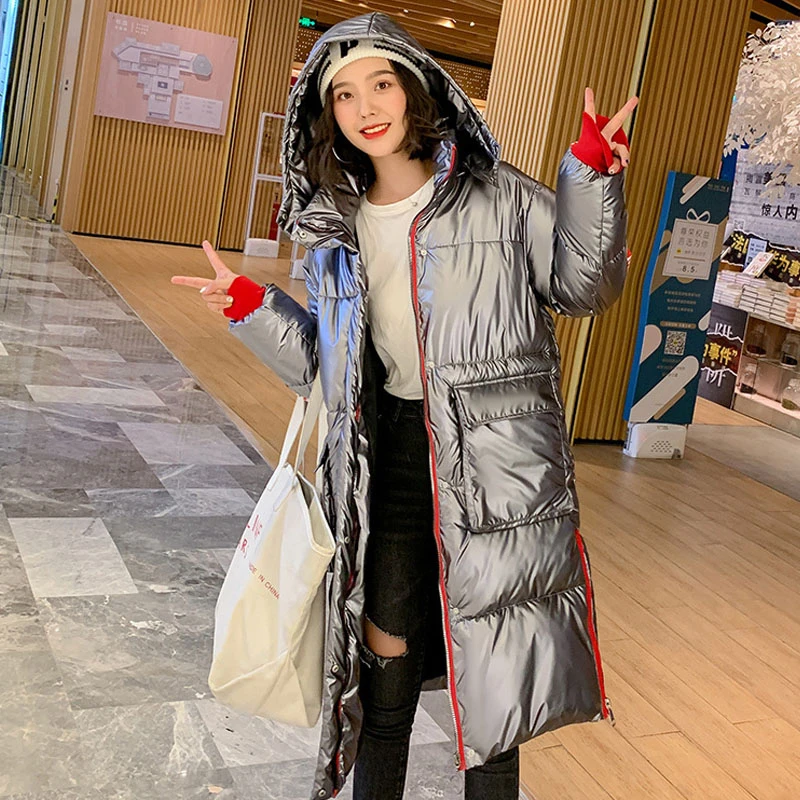 Новинка 2020 зимнее блестящее пальто женский свободный длинный пуховик Женская