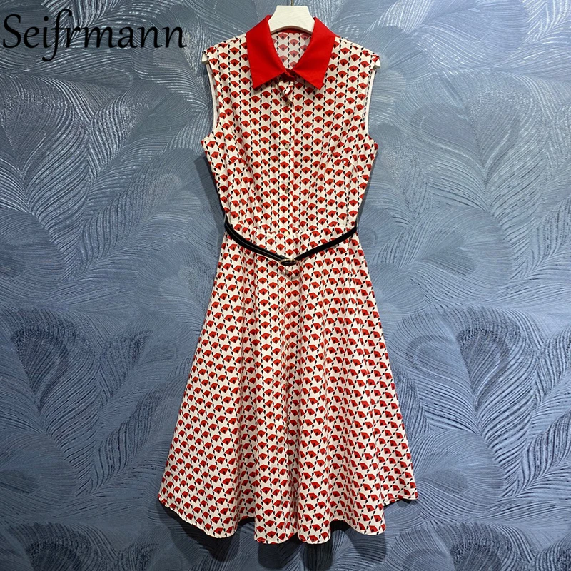 

Seifrmann New 2021 Summer Women Fashion Runway Party Midi Dress Sleeveless Single Breasted Sashes Print Elegant Dresses Vestidos