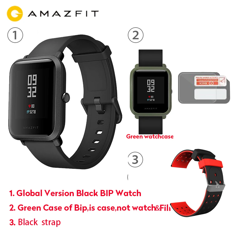 GreenCaseBlackStrap Официальные Смарт-часы Amazfit Bip, gps, умные часы, 45 дней в режиме ожидания, монитор сердечного ритма, будильник, вибрация, IP68, водонепроницаемые, напоминание о звонках - Цвет: GreenCaseBlackStrap