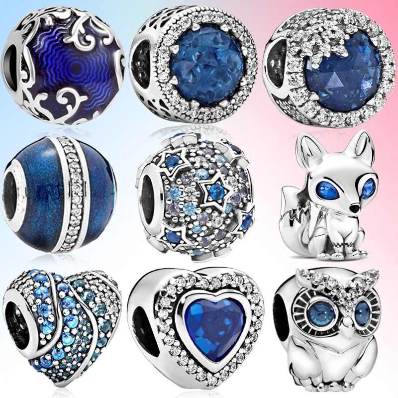 

2021 hot sale 925 silver Shiny Sky Ocean Blue Fox Owl Charm beads Fit Original Pandora Bracelet Jewelry Making Pendant Bijoux