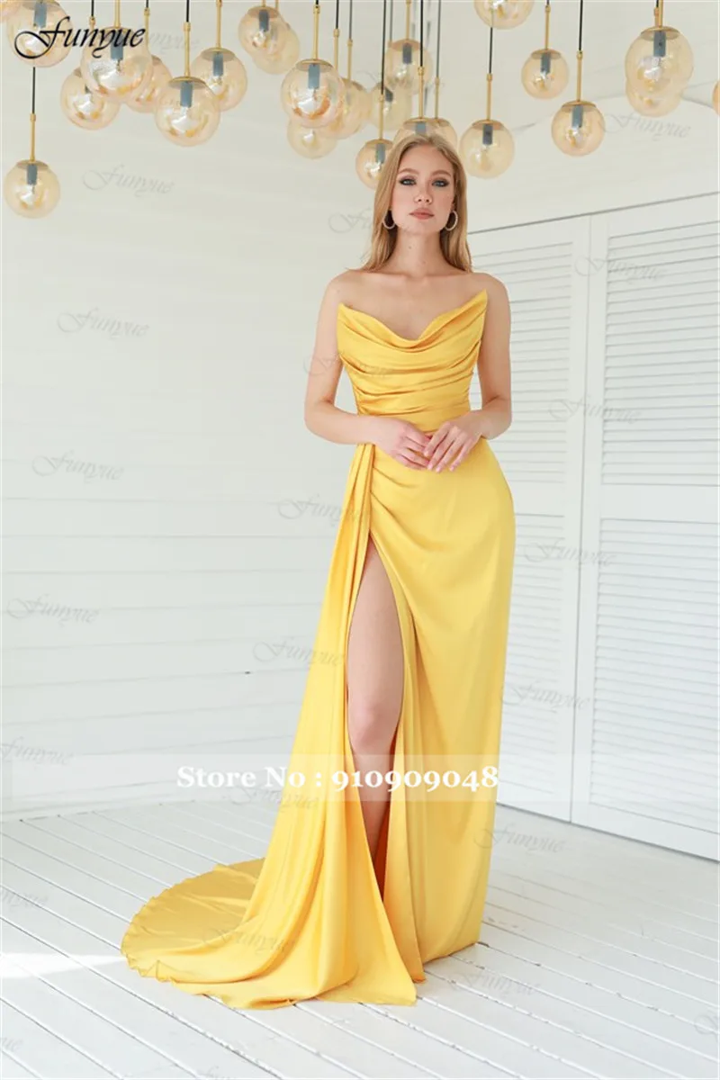 Фото Elegant Off Shoulder Evening Dresses 2025 Sexy High Split Prom Dress Mermaid Satin Simple Plus Size Formal Party Night Gown Long №2