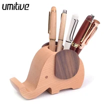 Umitive Elephant Shape Wooden Pen Cup Pen Holder Desk Organizer with Cell Phone Stand office desk accessories