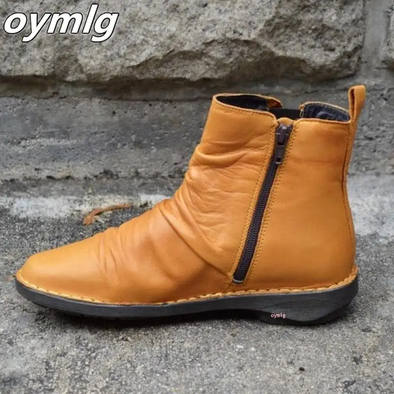 

Women Boots 2020 Autumn PU Leather Ankle Boots Casul Flat Shoes Round Toe Winter Snow Boots Zipper Punk Boots Ladies Shoes
