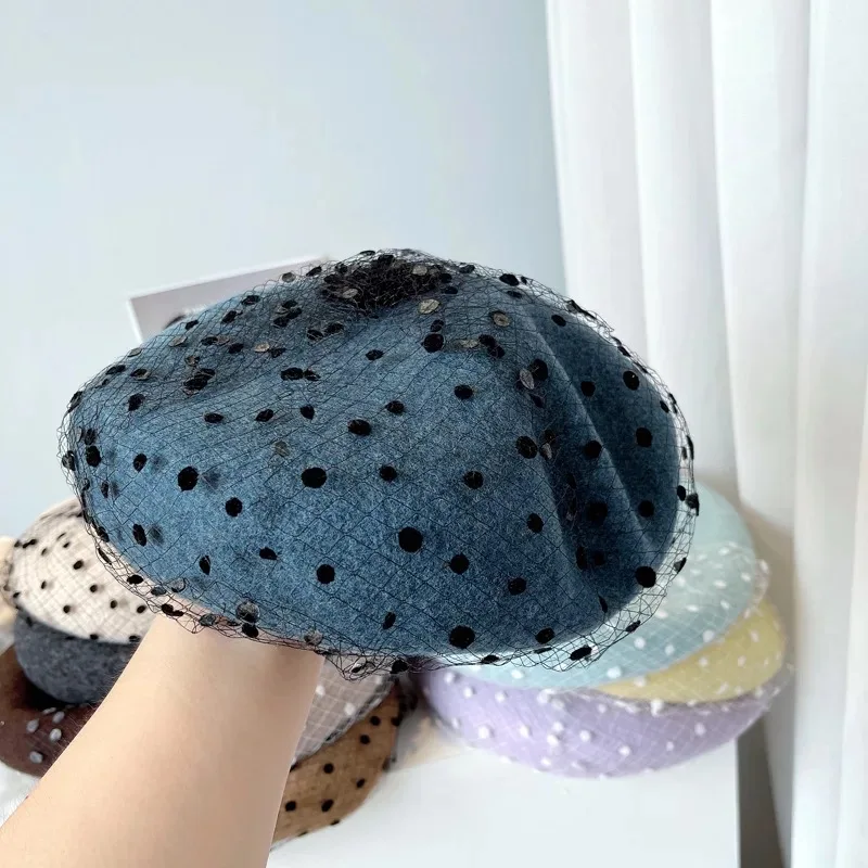 

Japan Winter New Style Wool Beret Ladies Polka Dot Mesh Knit Painter Hat Stewardess Quality Octagonal Hat Boina Boinas Feminin