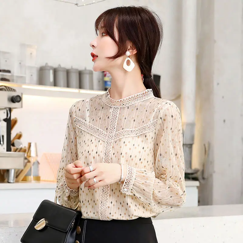 Женская кружевная блузка в горошек Повседневная сетчатая с круглым вырезом и