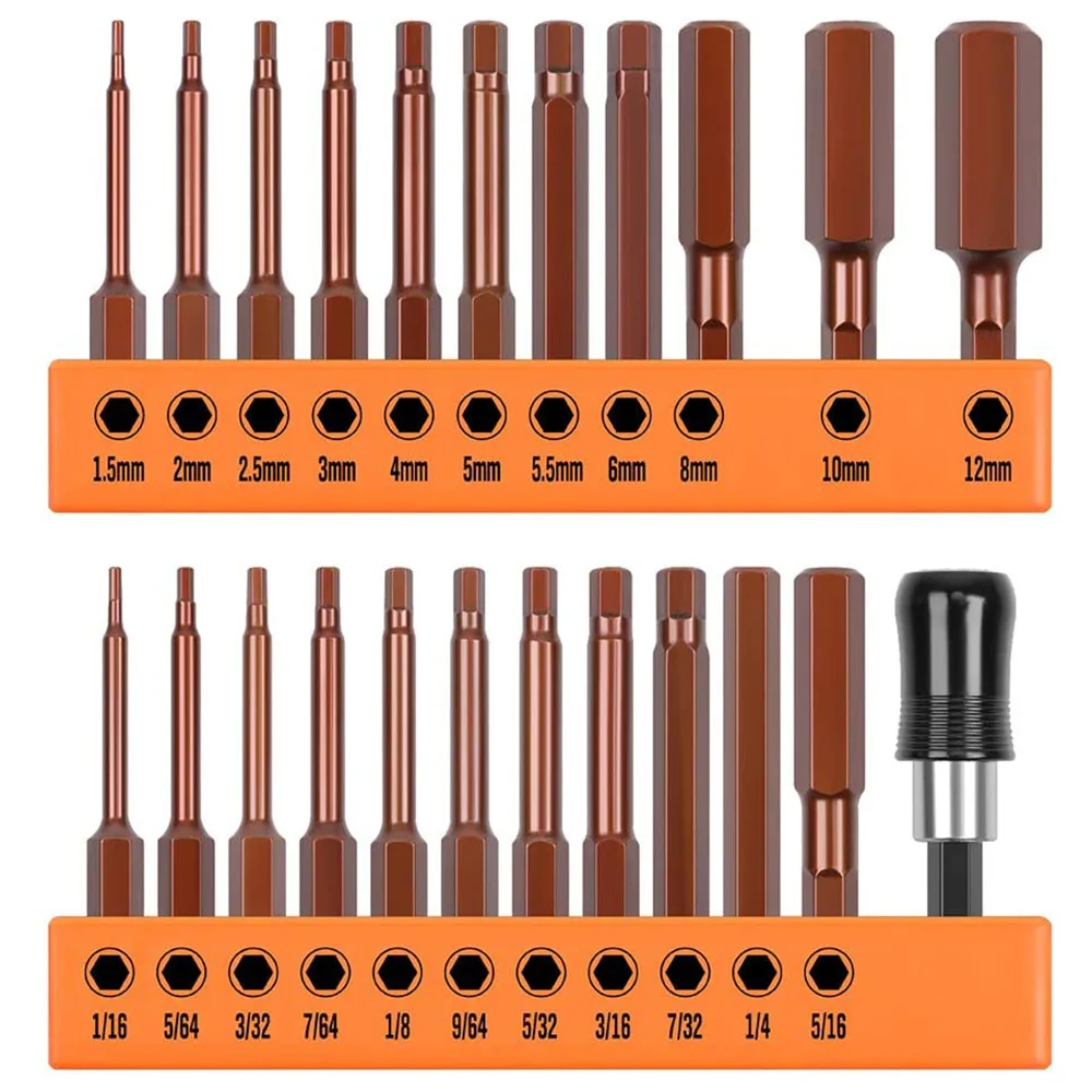 

23Pcs Hexagon Head Wrench Screwdriver Kit Drill Bit Set Metric SAE S2 Steel Hex Bits Set 2.3 Inch Long 1/4 Inch Shank Magnetic