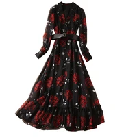 high quality new long dress 2022 spring runway style women red rose floral print belt deco long sleeve casual party maxi dress
