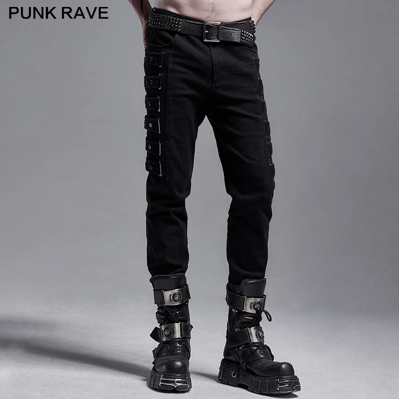 PUNK RAVE Men's Punk Daily Woven Elastic Trousers Streetwear Novelty Handsome Casual Long Pants Men Clothing