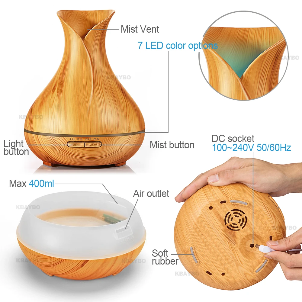 

KBAYBO 400ml Aroma Essential Oil Diffuser Ultrasonic Air Humidifier with Wood Grain electric LED Lights aroma diffuser for home
