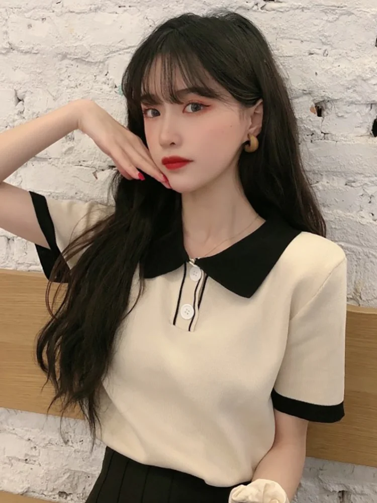 

Women T-shirts Summer New Fashion Korean Femme Tops Button Casual Loose Short Sleeve Solid Turn-down Collar Sweet Female Tees
