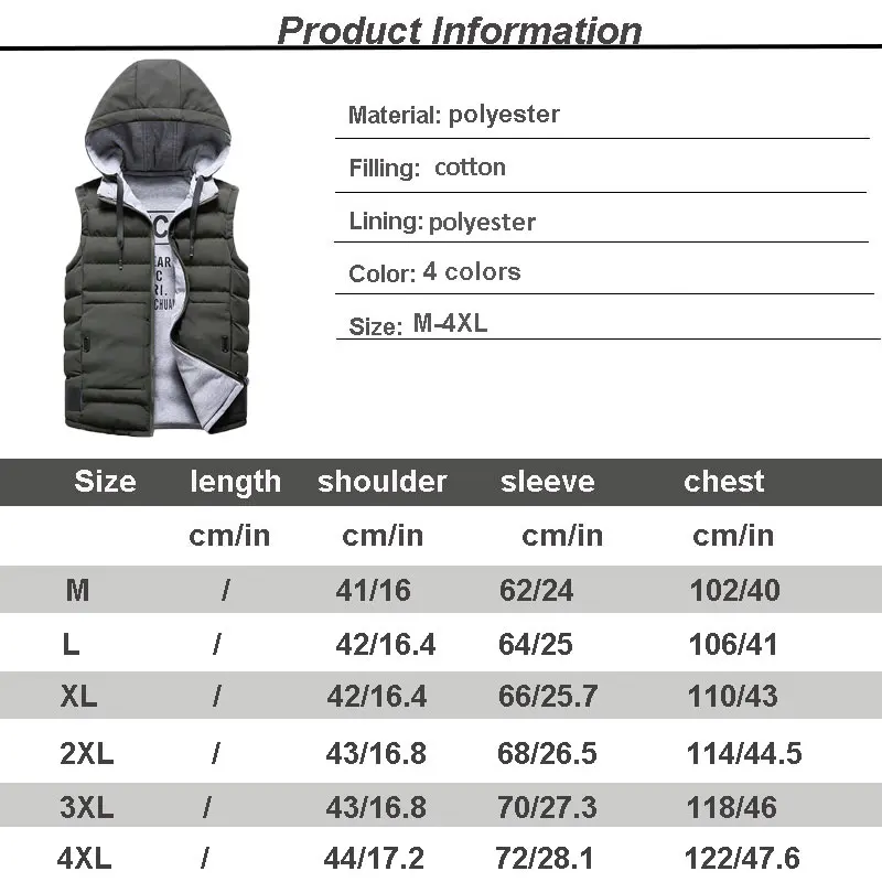 

Winter Mens Vest Jacket Hooded Sleeveless Men's Vest Thick Solid Color Black Casual Cotton Winter Men's Vest Jaqueta Casacos