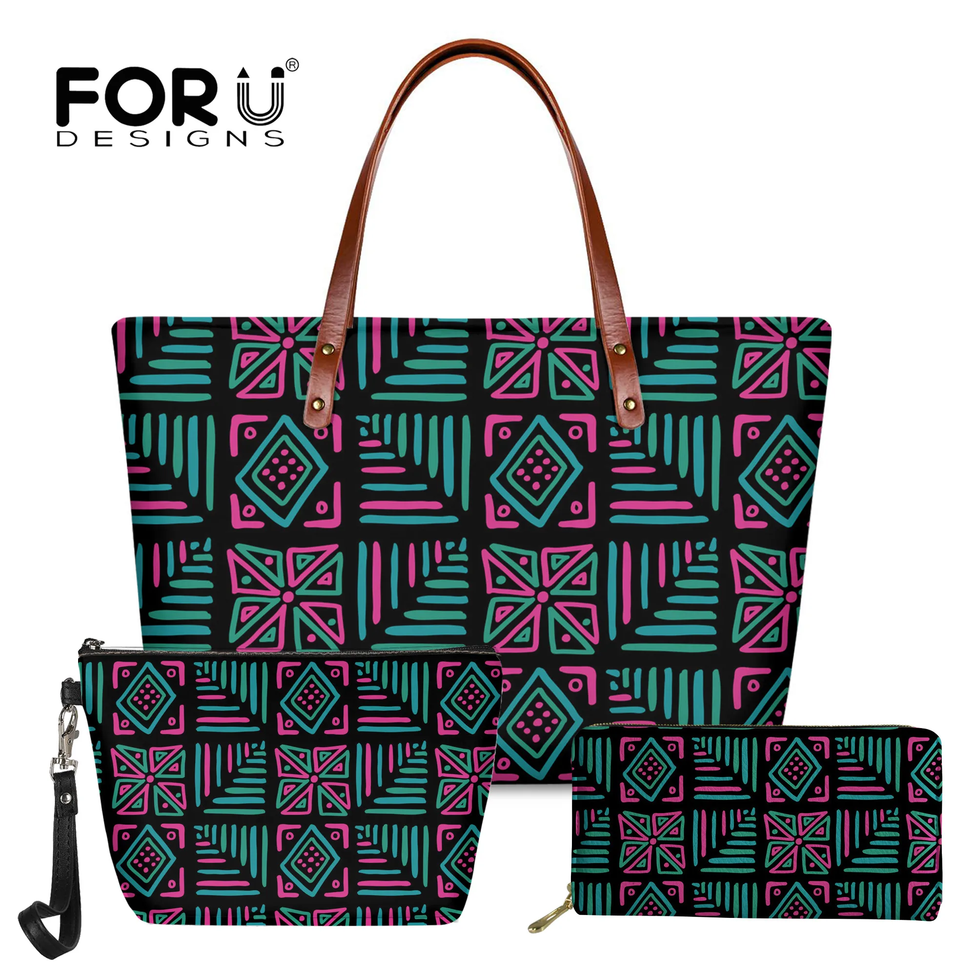 

FORUDESIGNS Ethnic Triba Art Design Handbags Large Capacity Shoulder Bags for Ladies Hand Bags and Wallet Cosmetic Bags 3Pcs Set
