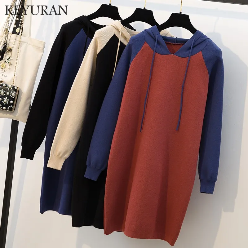 Осень Зима 4XL женское трикотажное лоскутное платье с капюшоном 2019 Свободный