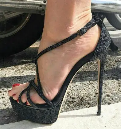 

Женские черные блестящие перекрестные ленты Dipsloot, сексуальные праздничные туфли на шпильках, Клубная обувь для выступлений