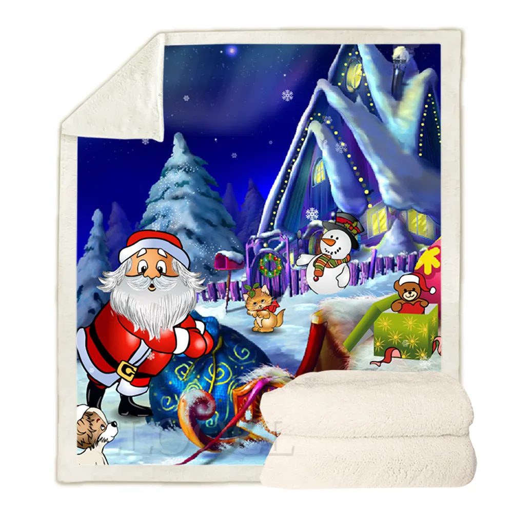 

CLOOCL Christmas Blankets Cartoon Santa Snowman Sleigh Print Double Layer Merry Christmas Blanket Keep Warm Plush Quilts