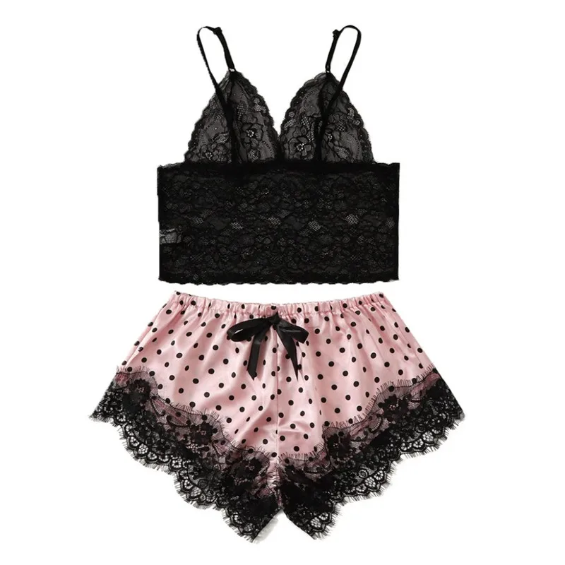 

Sexy Women Pajama Sets Floral Lace Sleepwear Female Nightwear Suits Summer Femme Nightwear Cute Cami Top + Shorts 2pcs Set Mujer