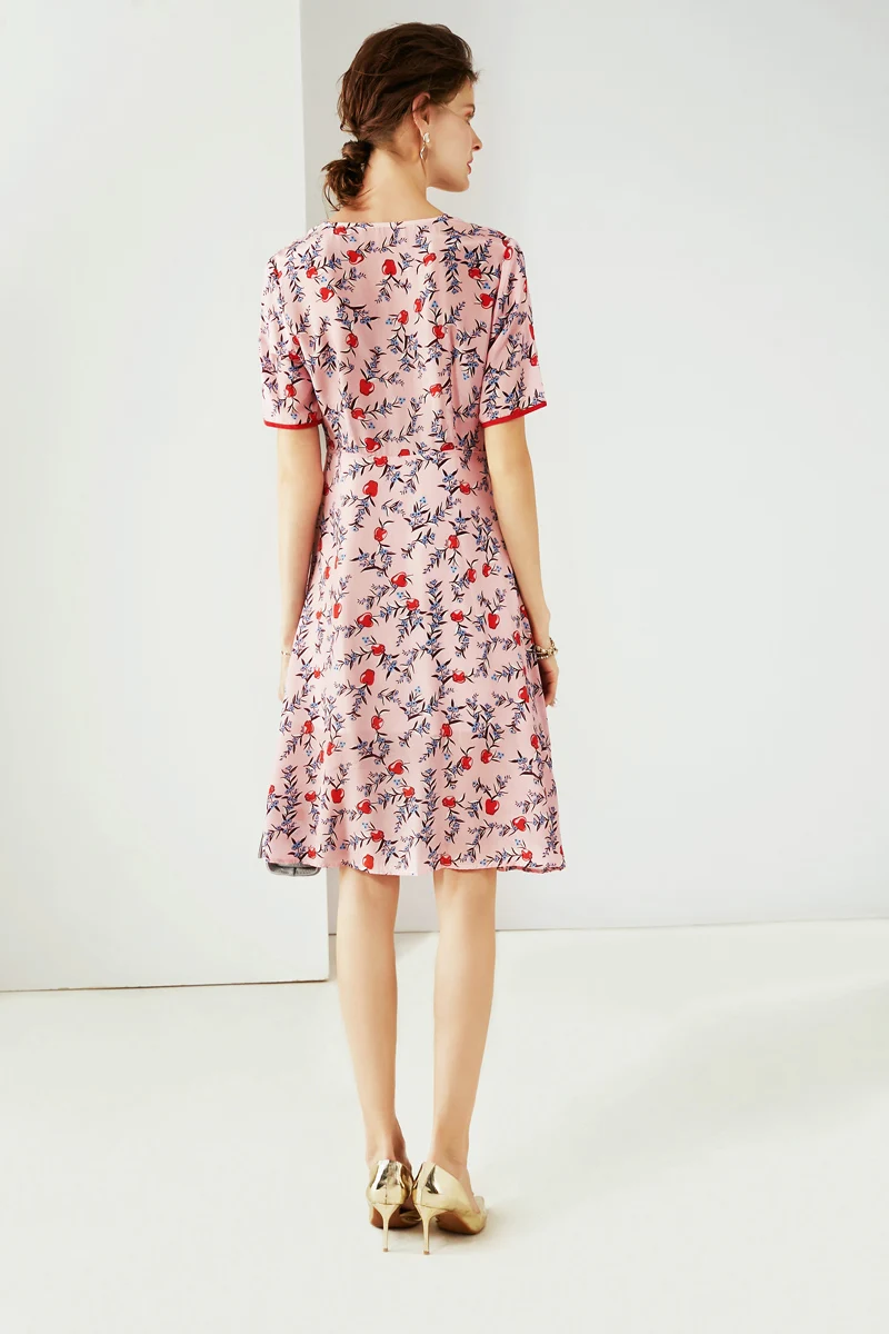 Женское Ассиметричное платье из 100% шелка с v-образным вырезом короткими рукавами