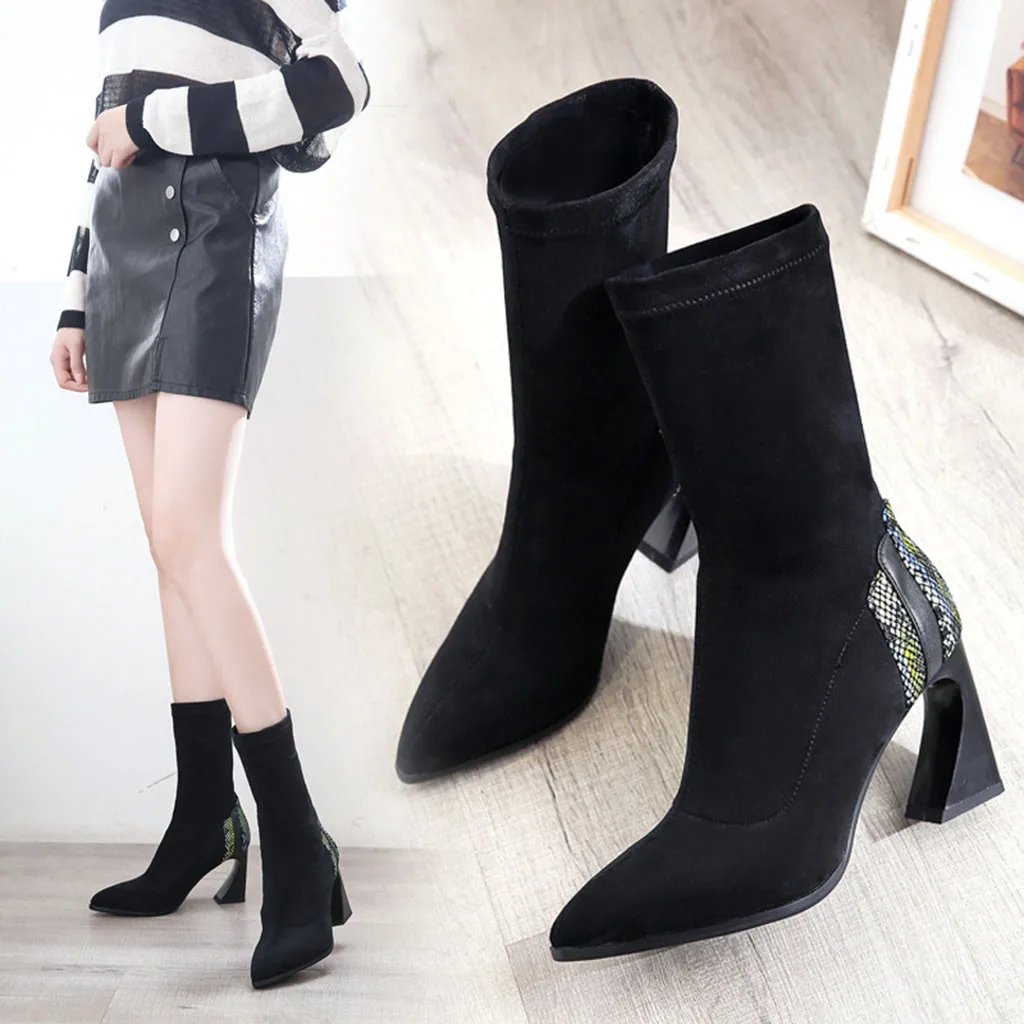 Модные носки под змеиную кожу сапоги без застежки из эластичной ткани с острым