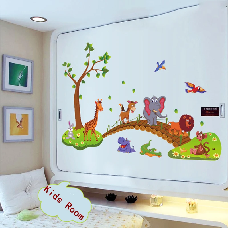 Cartoon Animals Bridge Wall Stickers for Kids Rooms Decoration Vinyl Home Decor Wall Cover Posters
